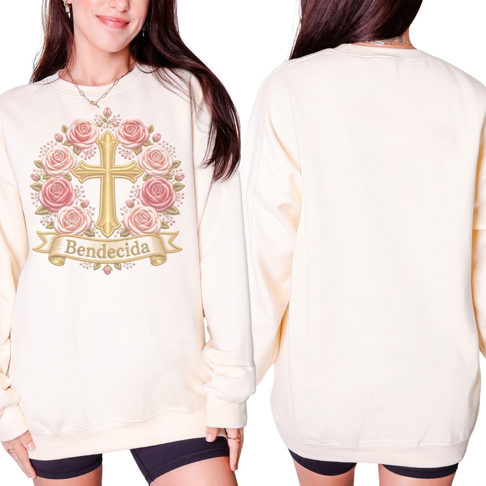 Bendecida Cross Wreathed in Pink Roses Sweatshirt